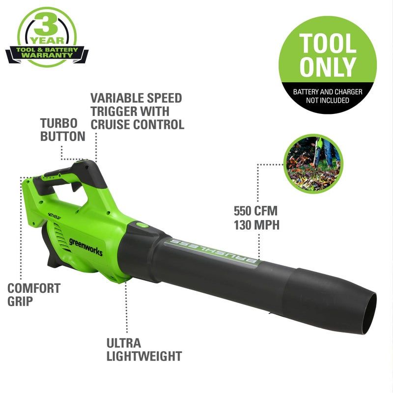 Greenworks 40V (130 MPH / 550 CFM / 75+ Compatible Tools) Cordless Brushless Axial Leaf Blower, Tool Only - Image 2